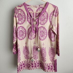 Calypso St. Barth Purple Ivory Cotton Tunic Top size XS
